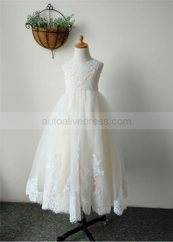 Ivory Lace Tulle With Yellow Lining Floor Length Flower Girl Dress